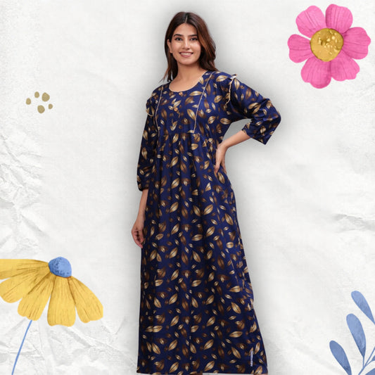 Women Cotton Full Sleeves Nightgown (Navy Blue, XL)