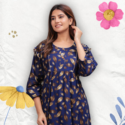 Women Cotton Full Sleeves Nightgown (Navy Blue, XL)