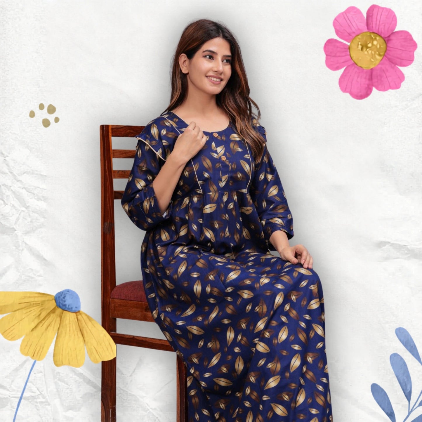 Women Cotton Full Sleeves Nightgown (Navy Blue, XL)