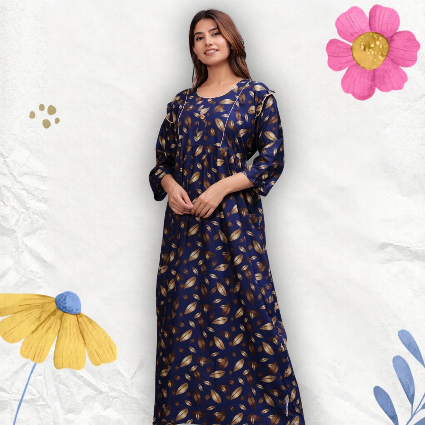 Women Cotton Full Sleeves Nightgown (Navy Blue, XL)