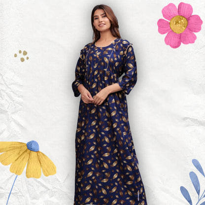 Women Cotton Full Sleeves Nightgown (Navy Blue, XL)