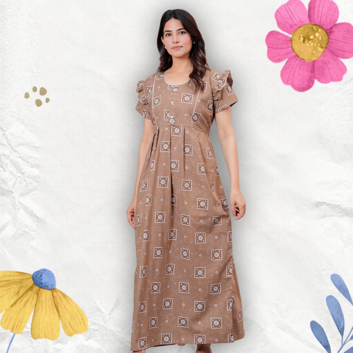 HARGUN NIGHT WEAR Women's Cotton Maxi Nighty, Printed, Ruffle Sleeves, Round Neck, All Day Comfort (Beige, XL)