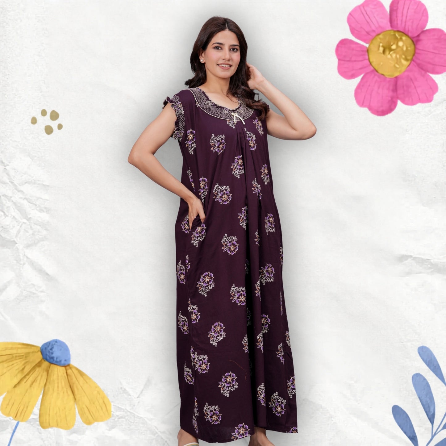HARGUN NIGHT WEAR Cotton Nightgown for Women | Stylish Nighty Maxi Nightwear Floral Gown for Women Night Wear with Pocket (Purple, XL)