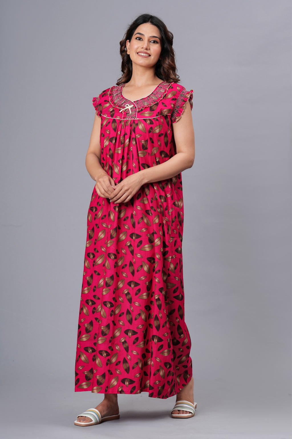 HARGUN Cotton Nightgown, Floral Print, Short Flutter Sleeves, Navy Blue and Gold, Full Length with Pockets (Combo, Free Size)