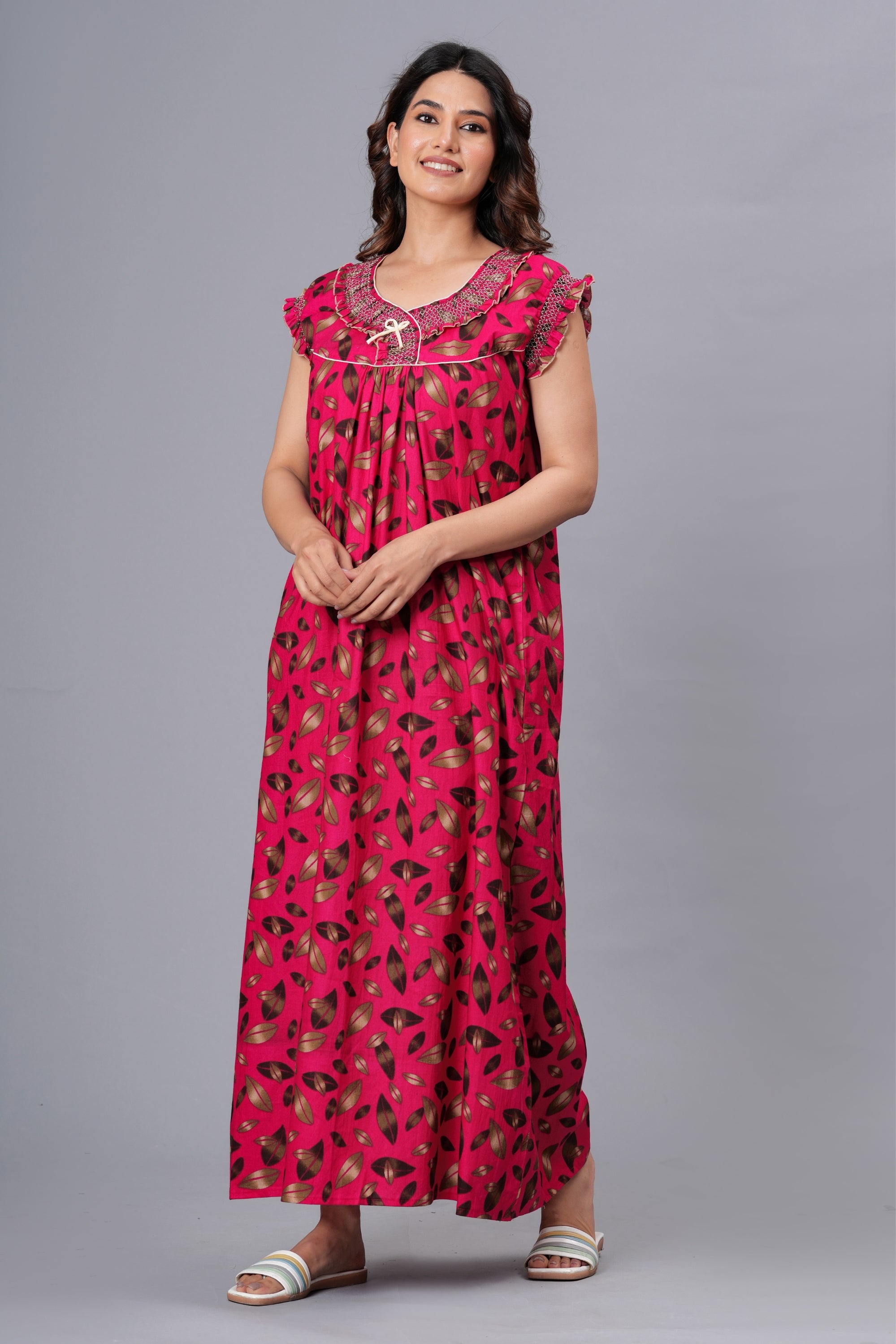 HARGUN Cotton Nightgown, Floral Print, Short Flutter Sleeves, Navy Blue and Gold, Full Length with Pockets (Combo, Free Size)