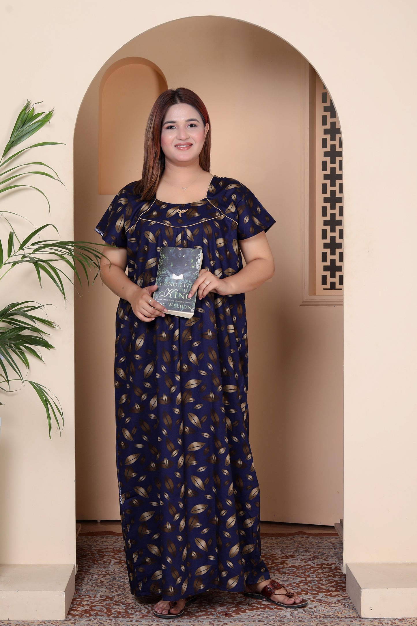 Short Sleeves Nightgown for Women, Cotton, Full Length,  (XL, Navy Blue, Dark Pink)