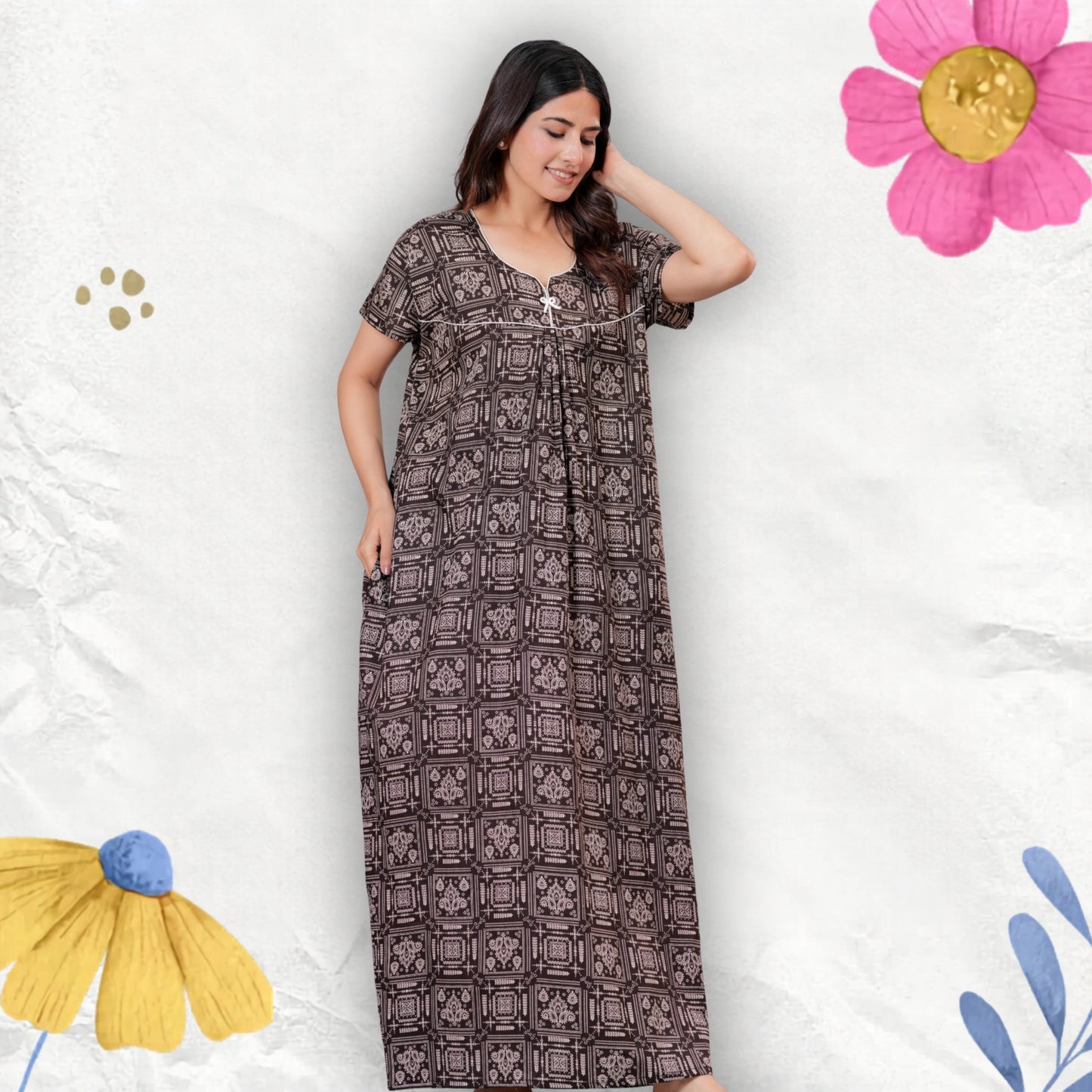 Women's Cotton Maxi Nighty, Geometric Print, Short Sleeve, Full Length Night Dress (Brown, XL)