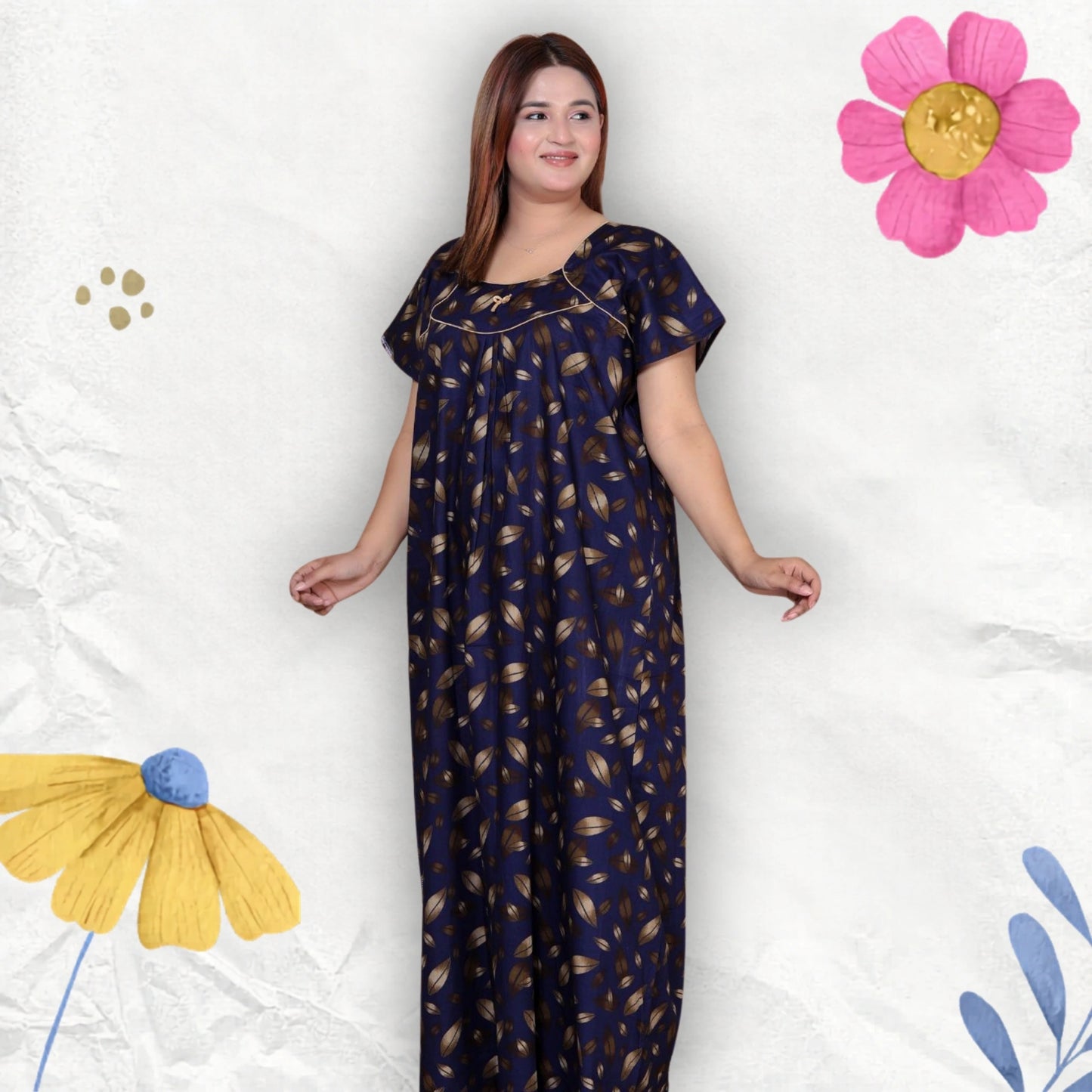 Short Sleeves Nightgown for Women, Cotton, Full Length,  (XL, Navy Blue, Dark Pink)