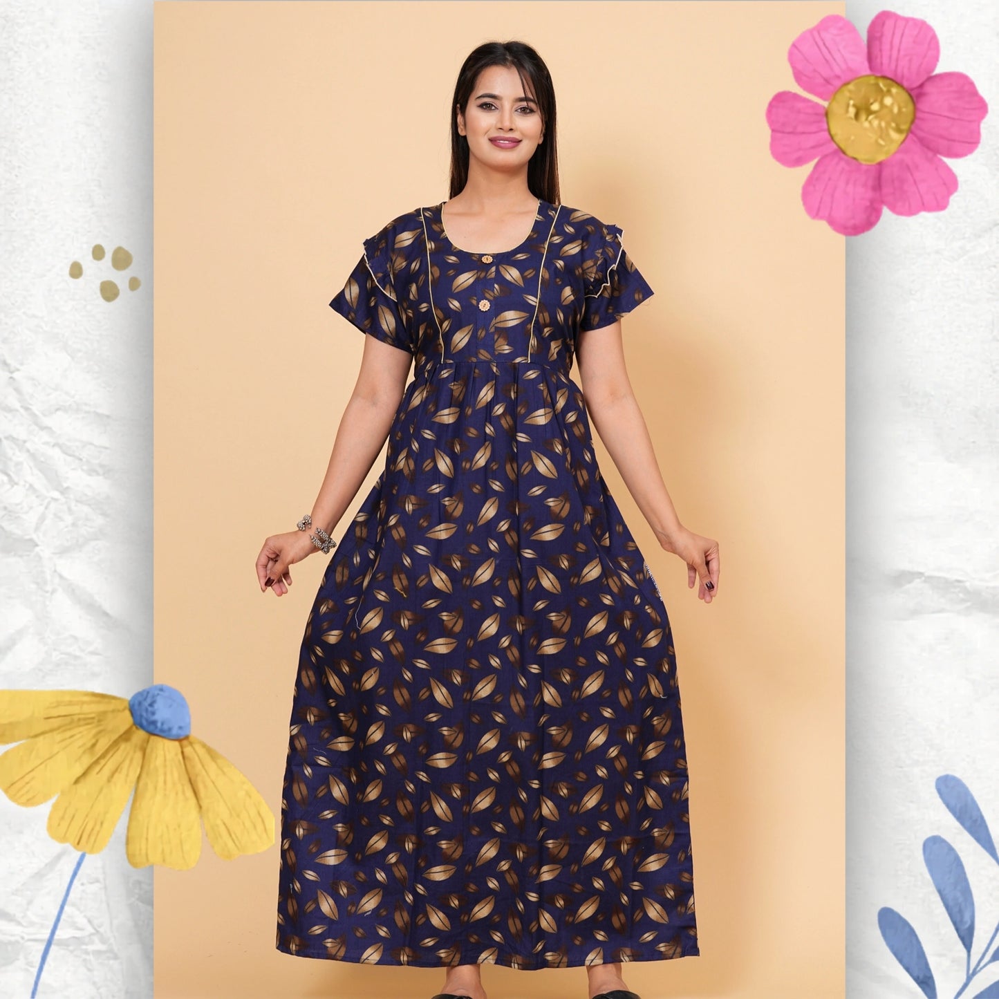 Women's Cotton Floral Print Maxi Nightgown (Navy Blue)