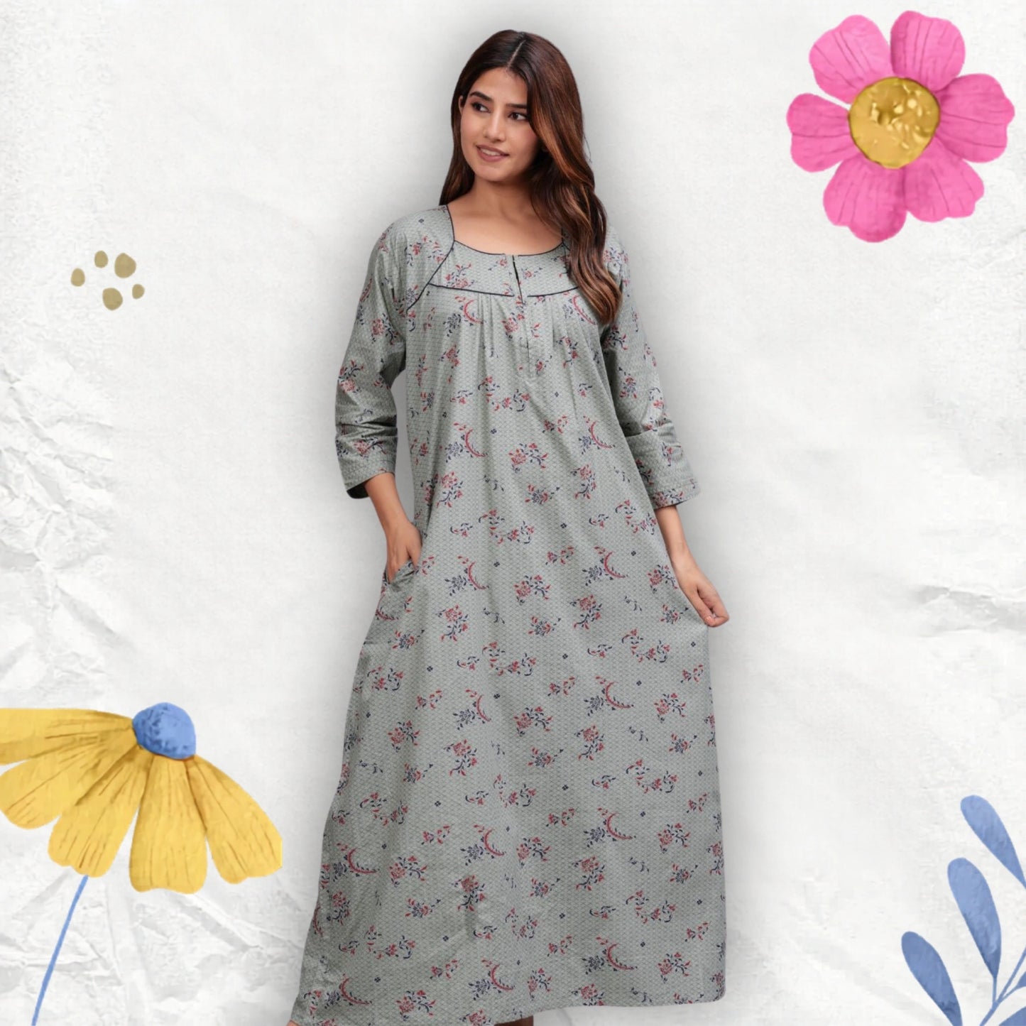 Cotton Full Sleeves Nightgown for Women (Cardamom Grey, XL)
