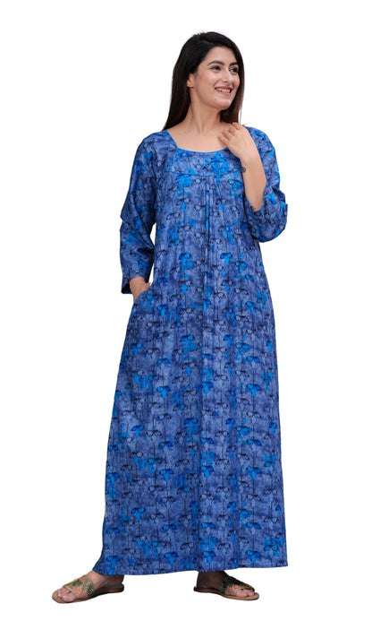 Women's Cotton Floral Print Full Sleeve Maxi Nightgown (Blue ,XL)
