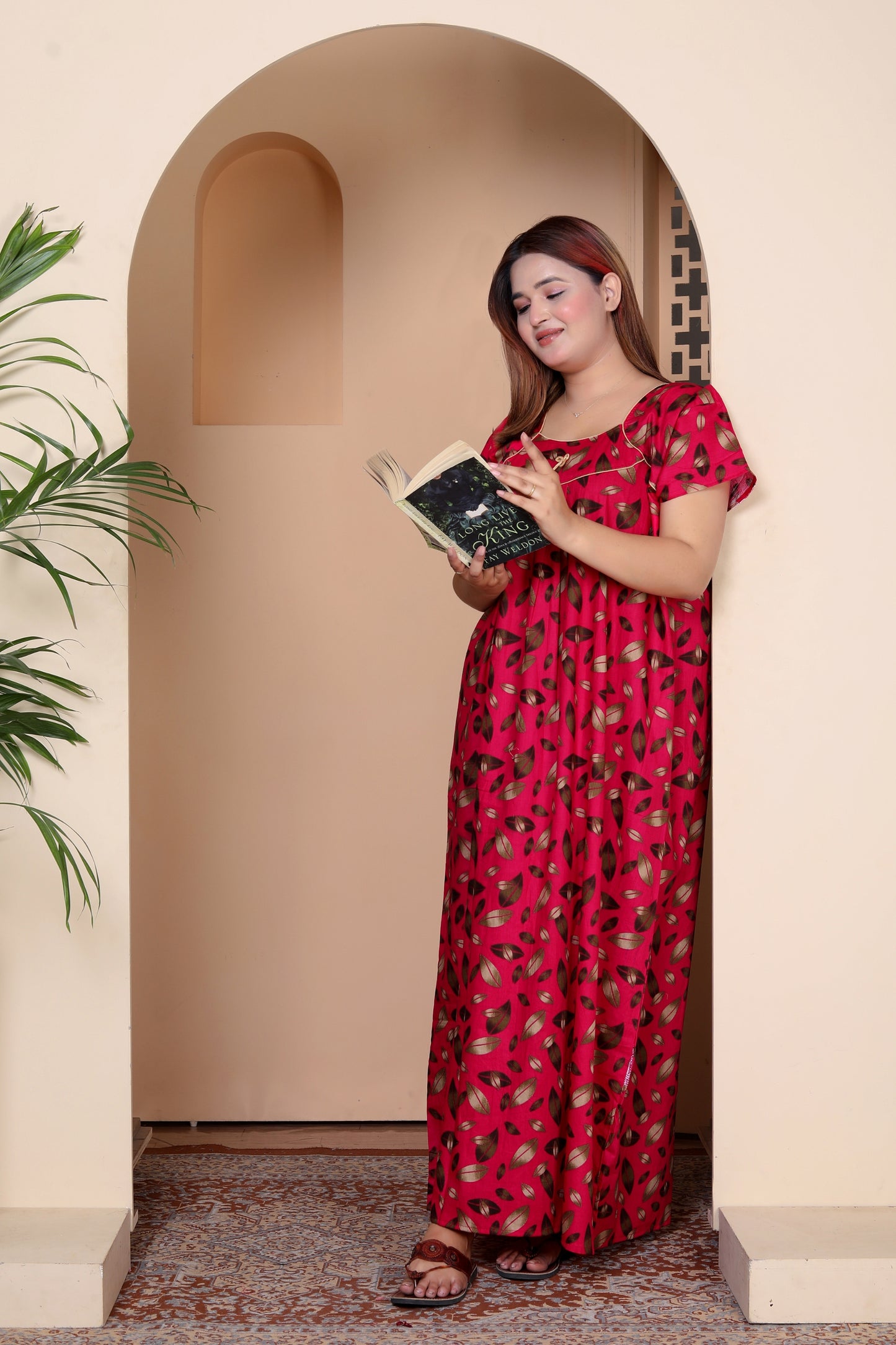 Short Sleeves Nightgown for Women, Cotton, Full Length,  (XL, Navy Blue, Dark Pink)