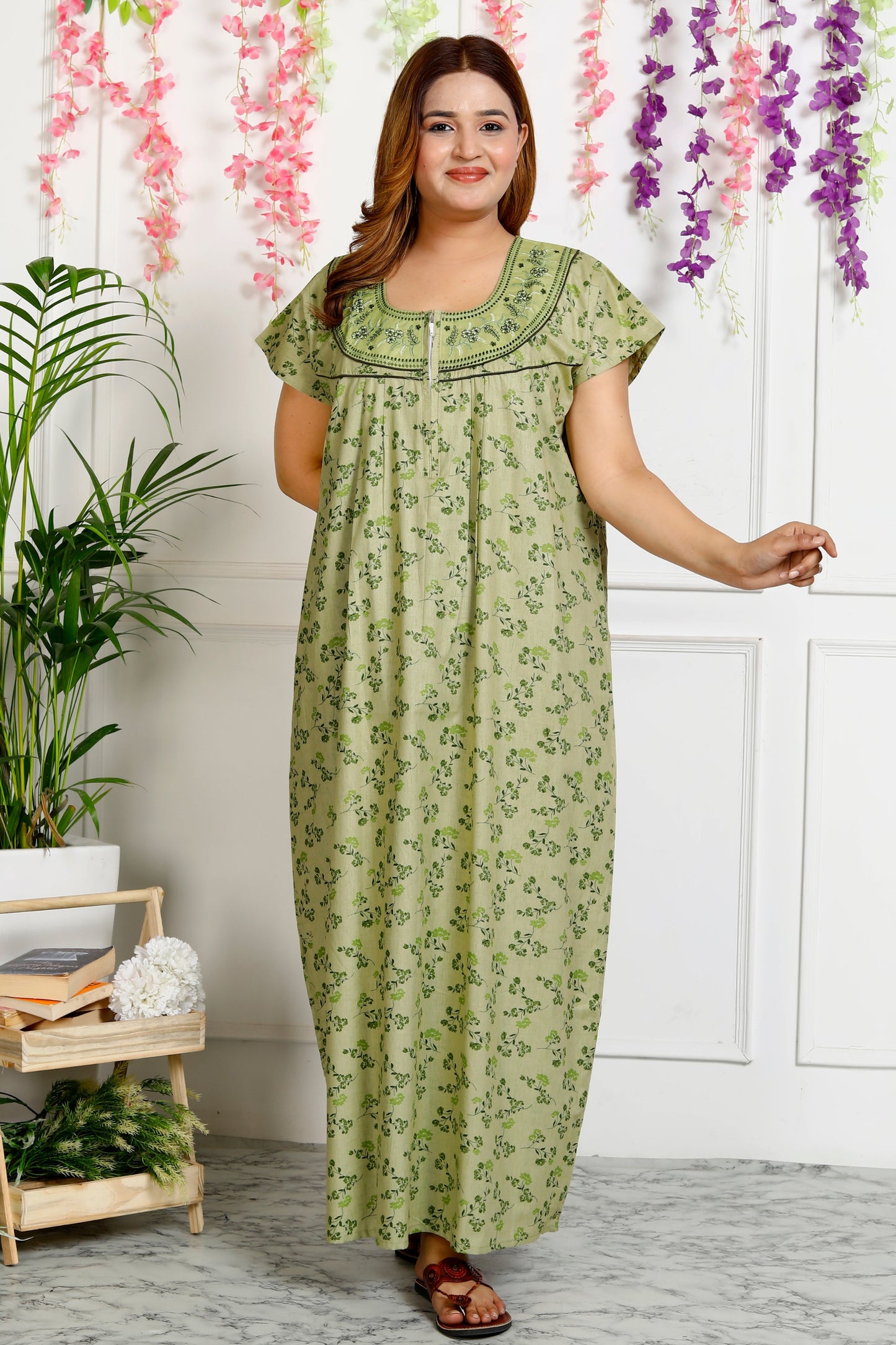 Floral Print Embroidery Nighty for Women(Kelly Green)