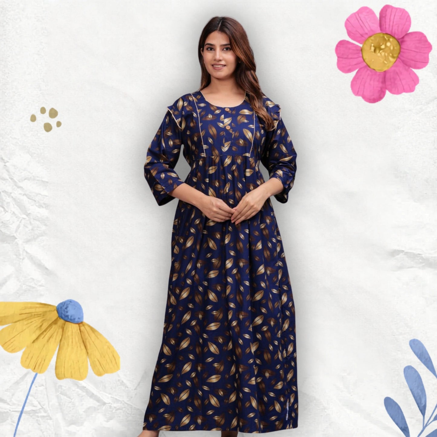 Women Cotton Full Sleeves Nightgown (Navy Blue, XL)