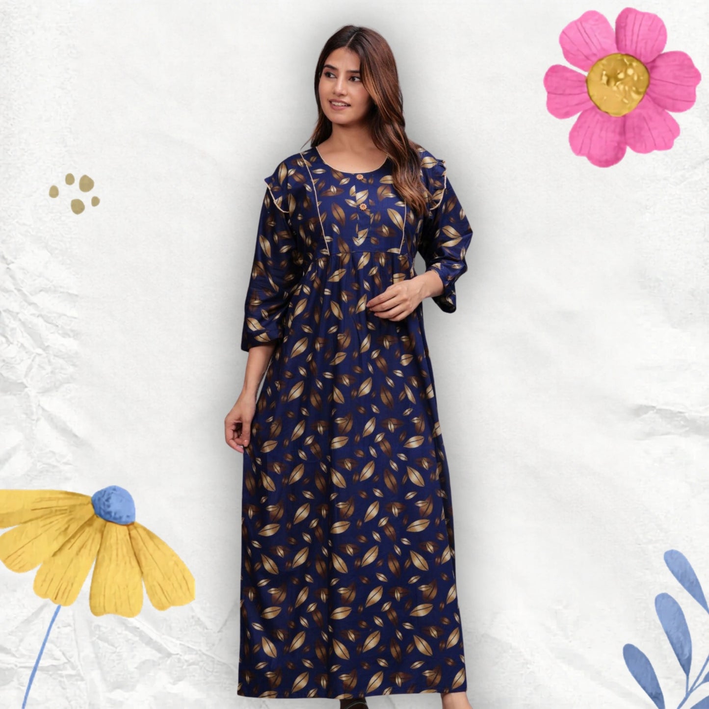 Women Cotton Full Sleeves Nightgown (Navy Blue, XL)