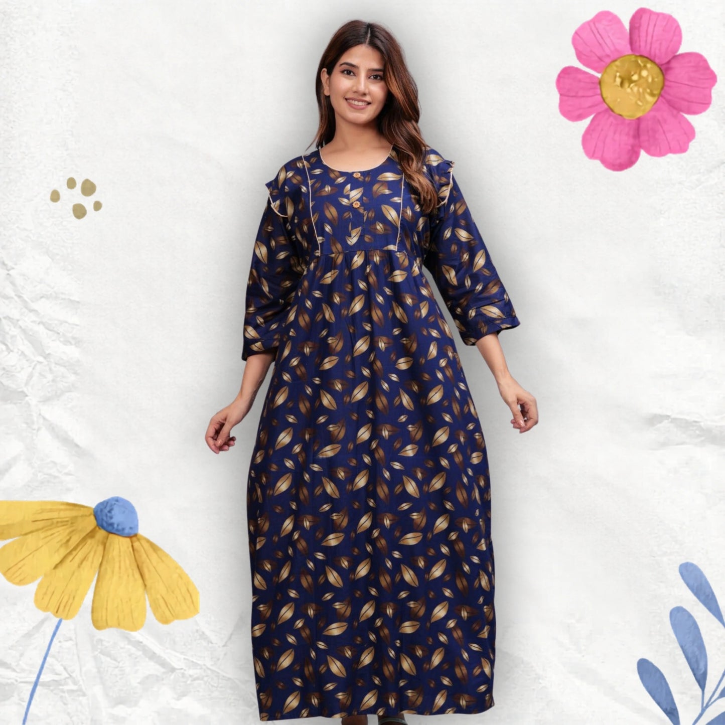 Women Cotton Full Sleeves Nightgown (Navy Blue, XL)