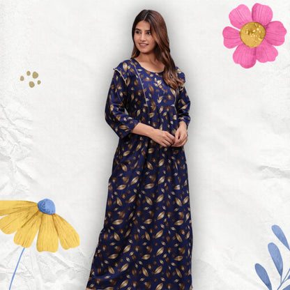 Women Cotton Full Sleeves Nightgown (Navy Blue, XL)