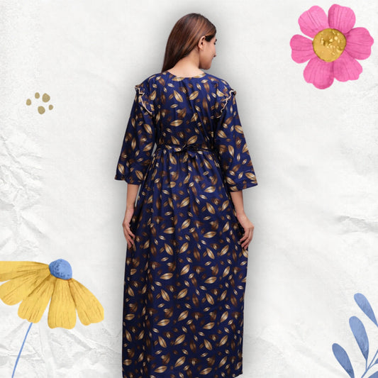 Women Cotton Full Sleeves Nightgown (Navy Blue, XL)