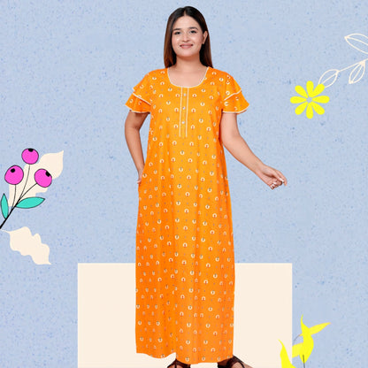 Bright Yellow Pure Cotton Printed Nighty Maxi with Side Pocket | Soft & Breathable Women’s Nightgown