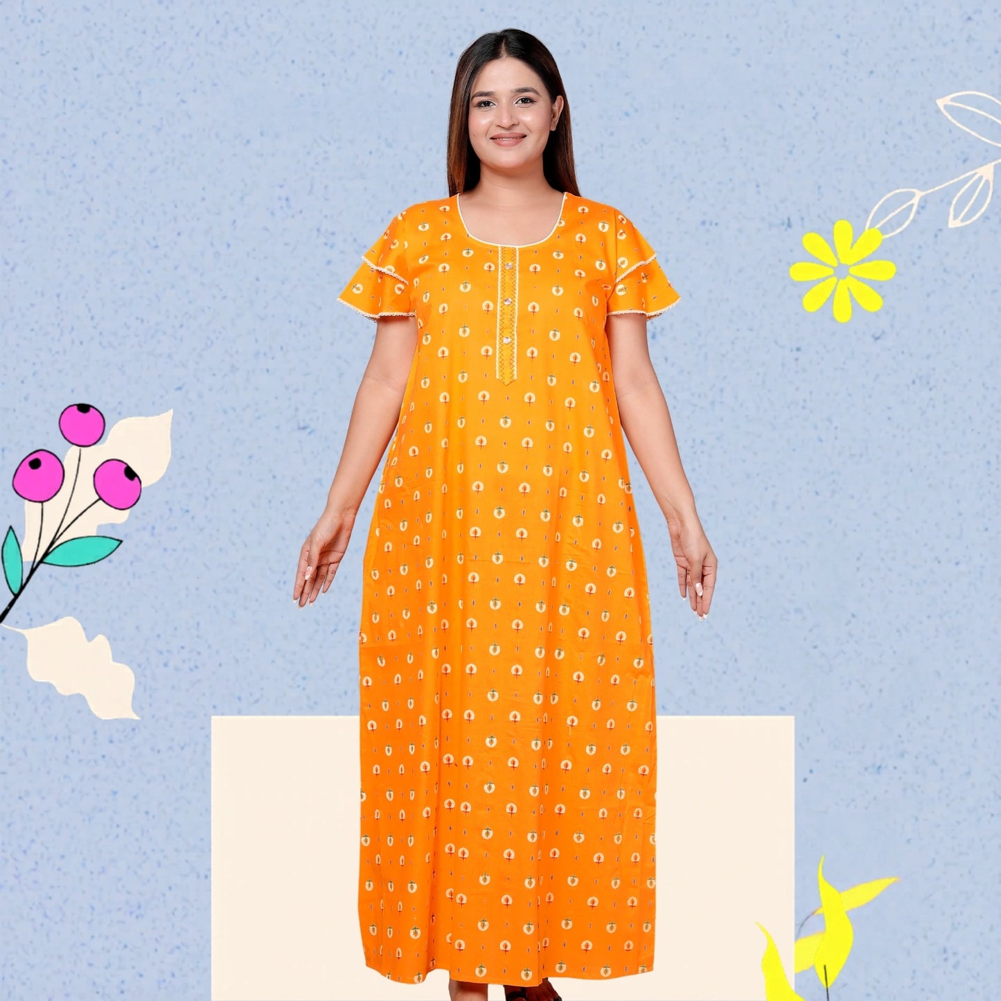 Bright Yellow Pure Cotton Printed Nighty Maxi with Side Pocket | Soft & Breathable Women’s Nightgown