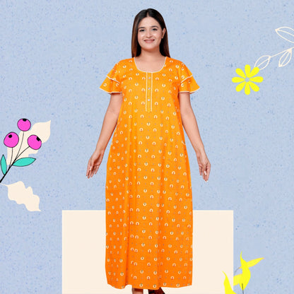 Bright Yellow Pure Cotton Printed Nighty Maxi with Side Pocket | Soft & Breathable Women’s Nightgown