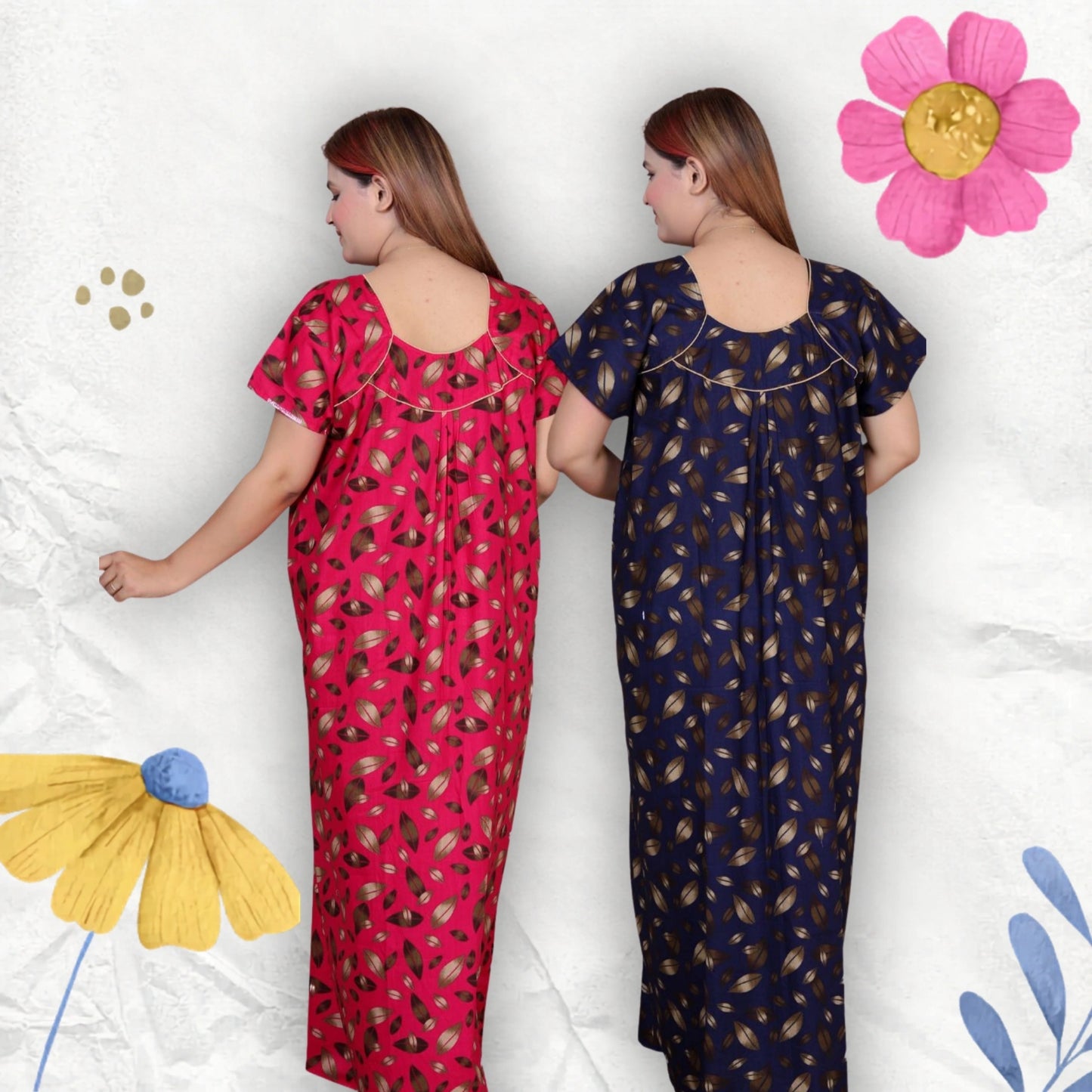 Short Sleeves Nightgown for Women, Cotton, Full Length,  (XL, Navy Blue, Dark Pink)