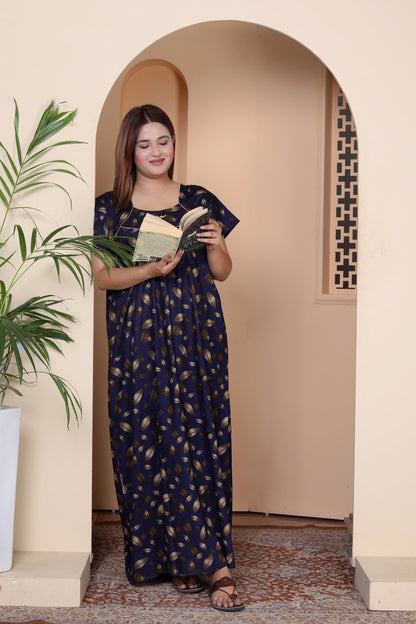 Short Sleeves Nightgown for Women, Cotton, Full Length,  (XL, Navy Blue, Dark Pink)