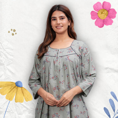 Cotton Full Sleeves Nightgown for Women (Cardamom Grey, XL)