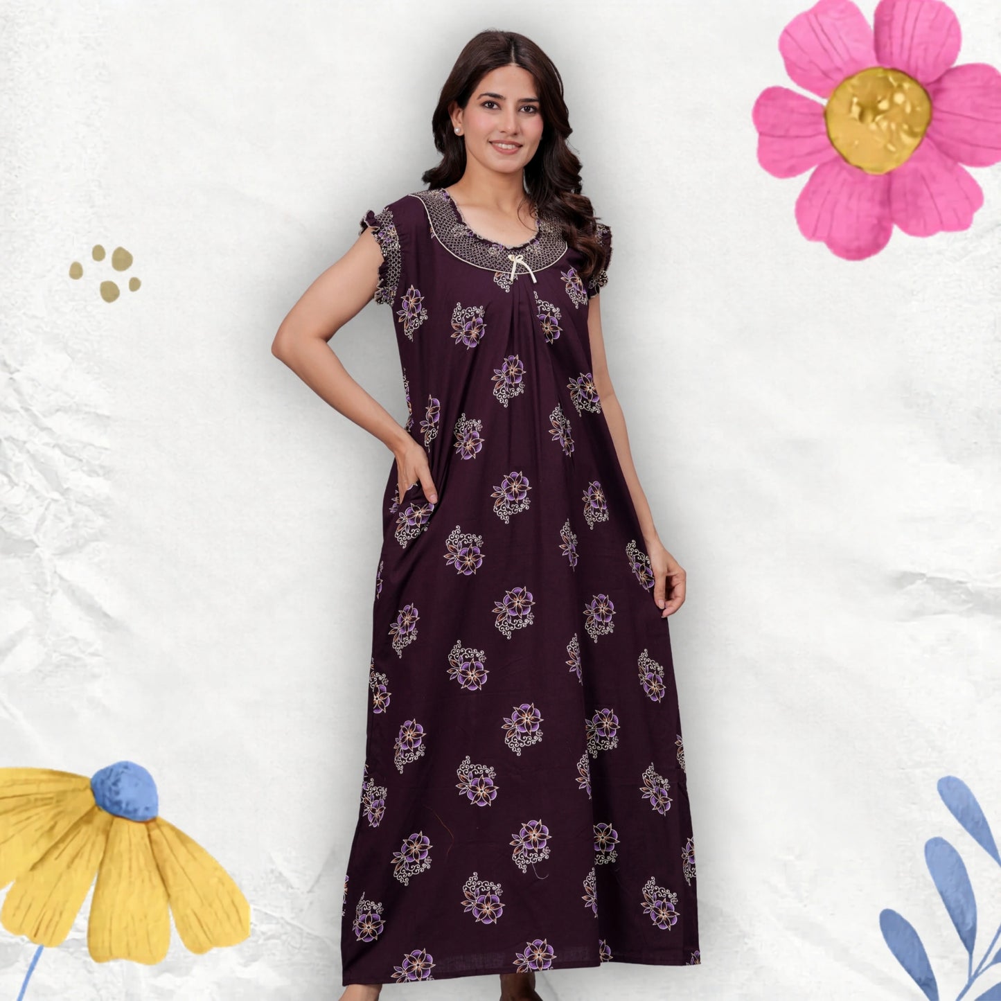 HARGUN NIGHT WEAR Cotton Nightgown for Women | Stylish Nighty Maxi Nightwear Floral Gown for Women Night Wear with Pocket (Purple, XL)