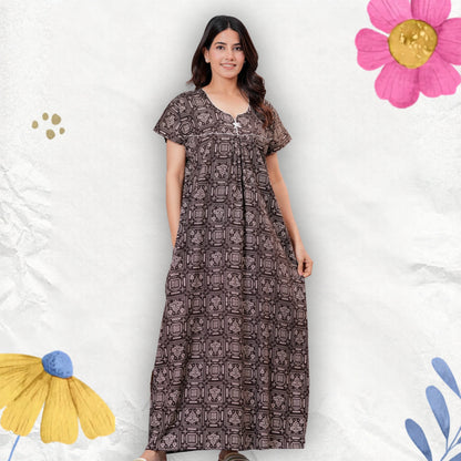 Women's Cotton Maxi Nighty, Geometric Print, Short Sleeve, Full Length Night Dress (Brown, XL)