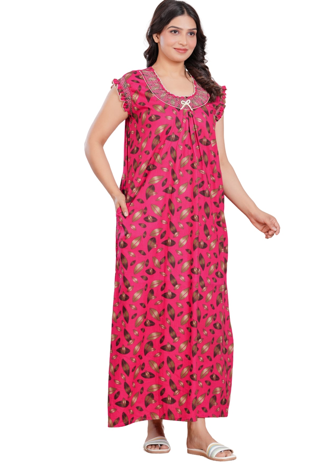 HARGUN NIGHT WEAR Women's Elegant Cotton Nightgown with Pocket & Embroidered Neck Design (Raani Pink, Free Size)