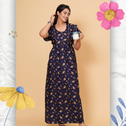 Women's Cotton Floral Print Maxi Nightgown (Navy Blue)