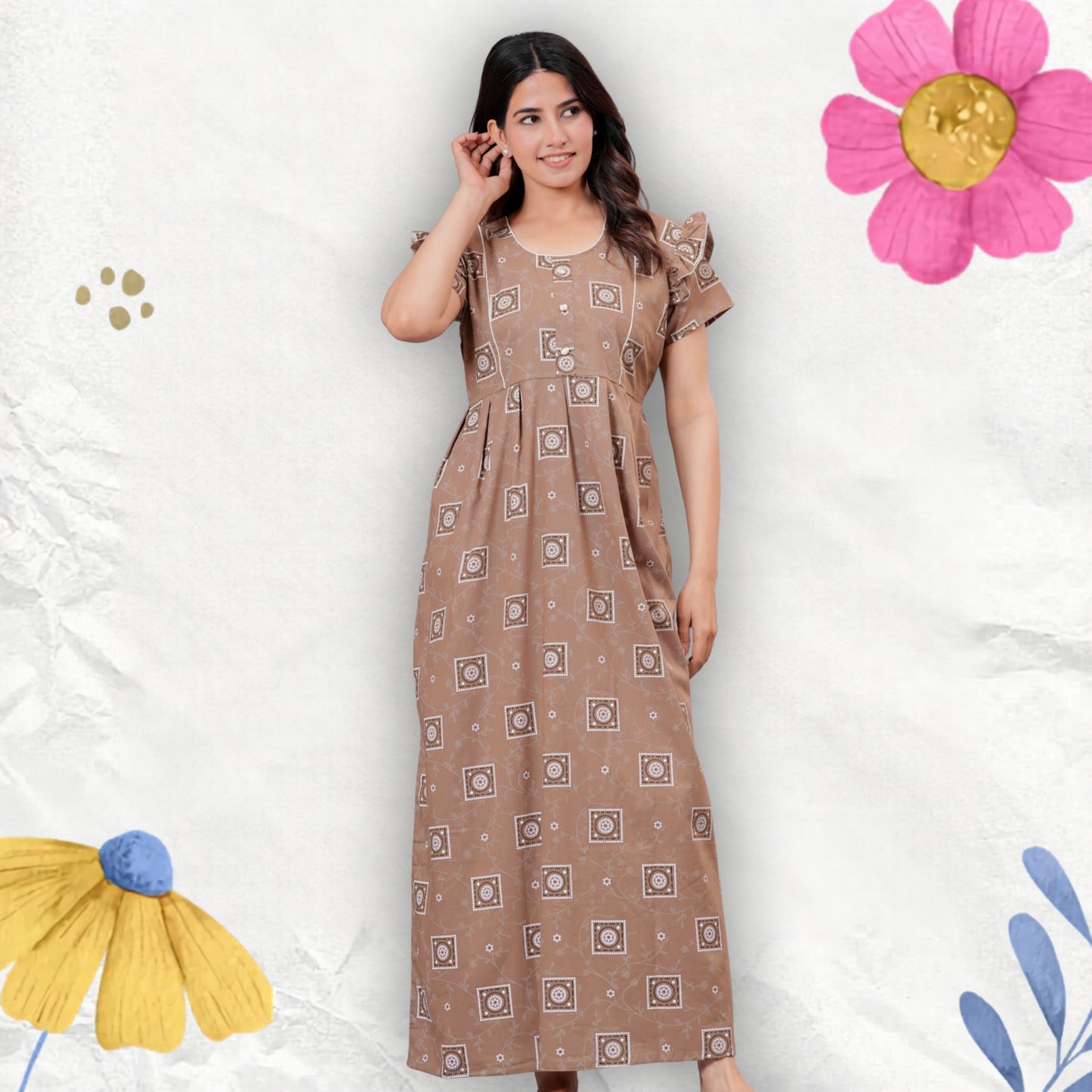 HARGUN NIGHT WEAR Women's Cotton Maxi Nighty, Printed, Ruffle Sleeves, Round Neck, All Day Comfort (Beige, XL)