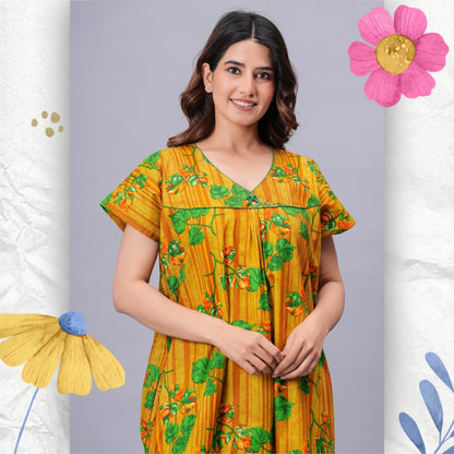 HARGUN NIGHT WEAR Women's Pure Cotton Floral Nighty | Full Length V-Neck Night Gown with Pocket | Soft & Breathable Sleepwear for Ladies Pink