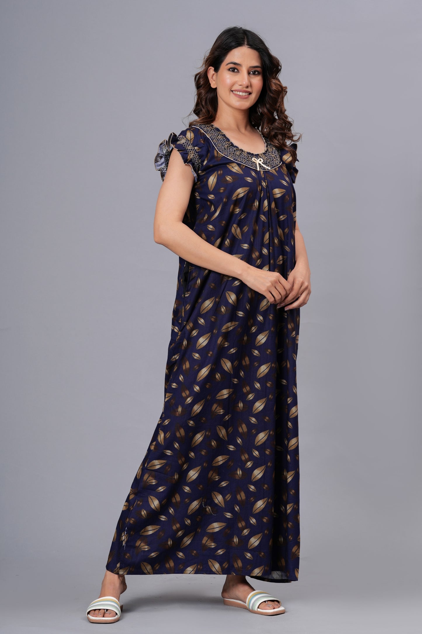 HARGUN Cotton Nightgown, Floral Print, Short Flutter Sleeves, Navy Blue and Gold, Full Length with Pockets (Combo, Free Size)