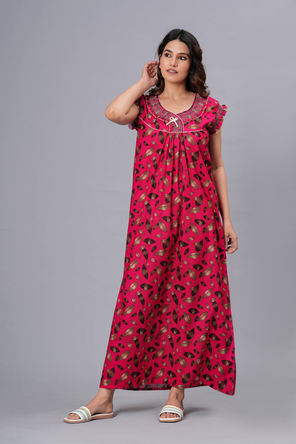HARGUN Cotton Nightgown, Floral Print, Short Flutter Sleeves, Navy Blue and Gold, Full Length with Pockets (Combo, Free Size)