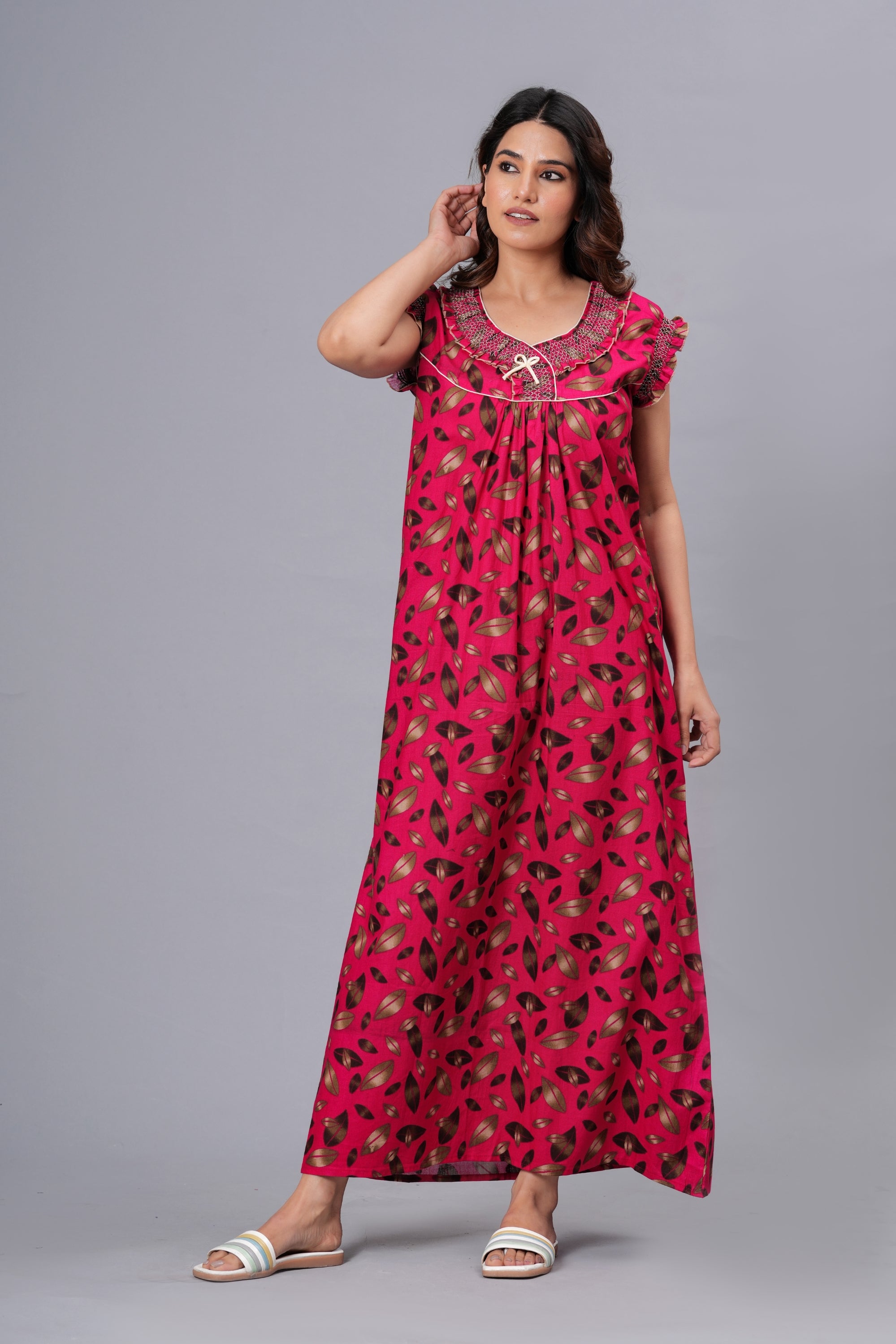 HARGUN Cotton Nightgown, Floral Print, Short Flutter Sleeves, Navy Blue and Gold, Full Length with Pockets (Combo, Free Size)