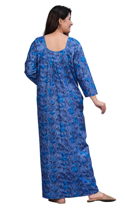 Women's Cotton Floral Print Full Sleeve Maxi Nightgown (Blue ,XL)