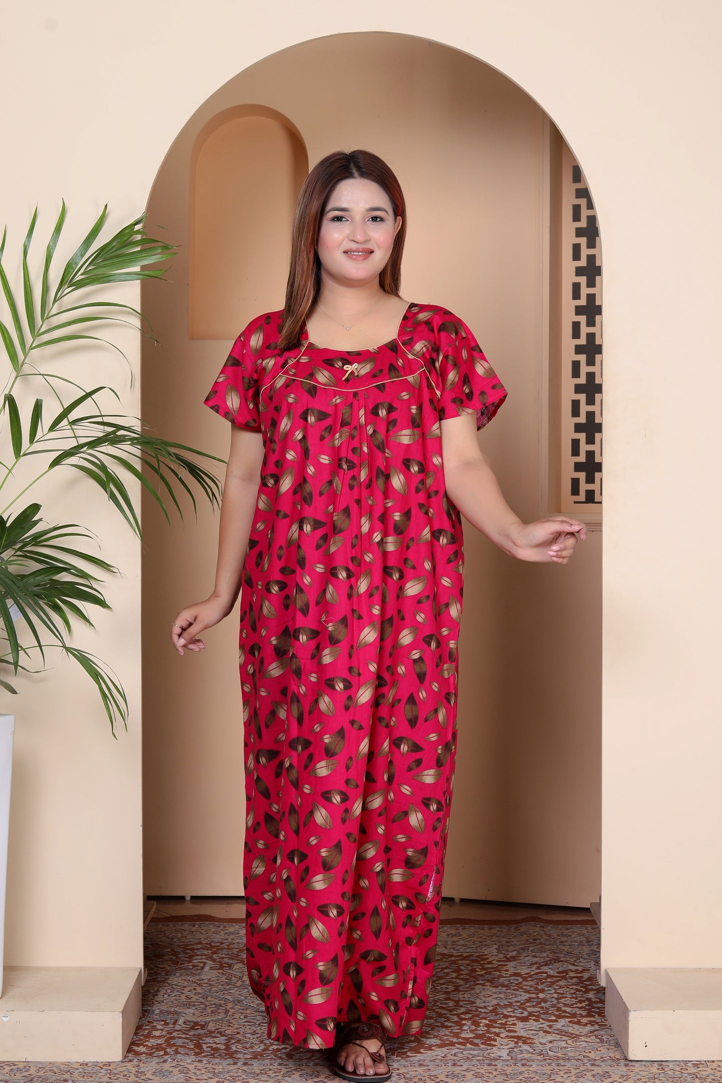 Short Sleeves Nightgown for Women, Cotton, Full Length,  (XL, Navy Blue, Dark Pink)