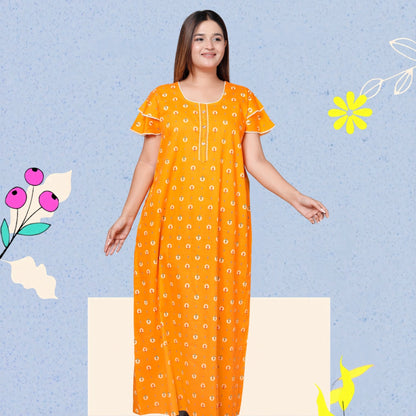 Bright Yellow Pure Cotton Printed Nighty Maxi with Side Pocket | Soft & Breathable Women’s Nightgown