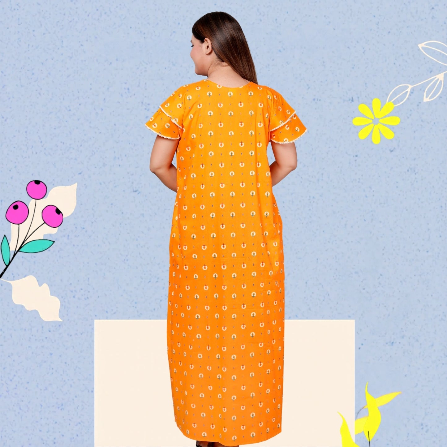 Bright Yellow Pure Cotton Printed Nighty Maxi with Side Pocket | Soft & Breathable Women’s Nightgown