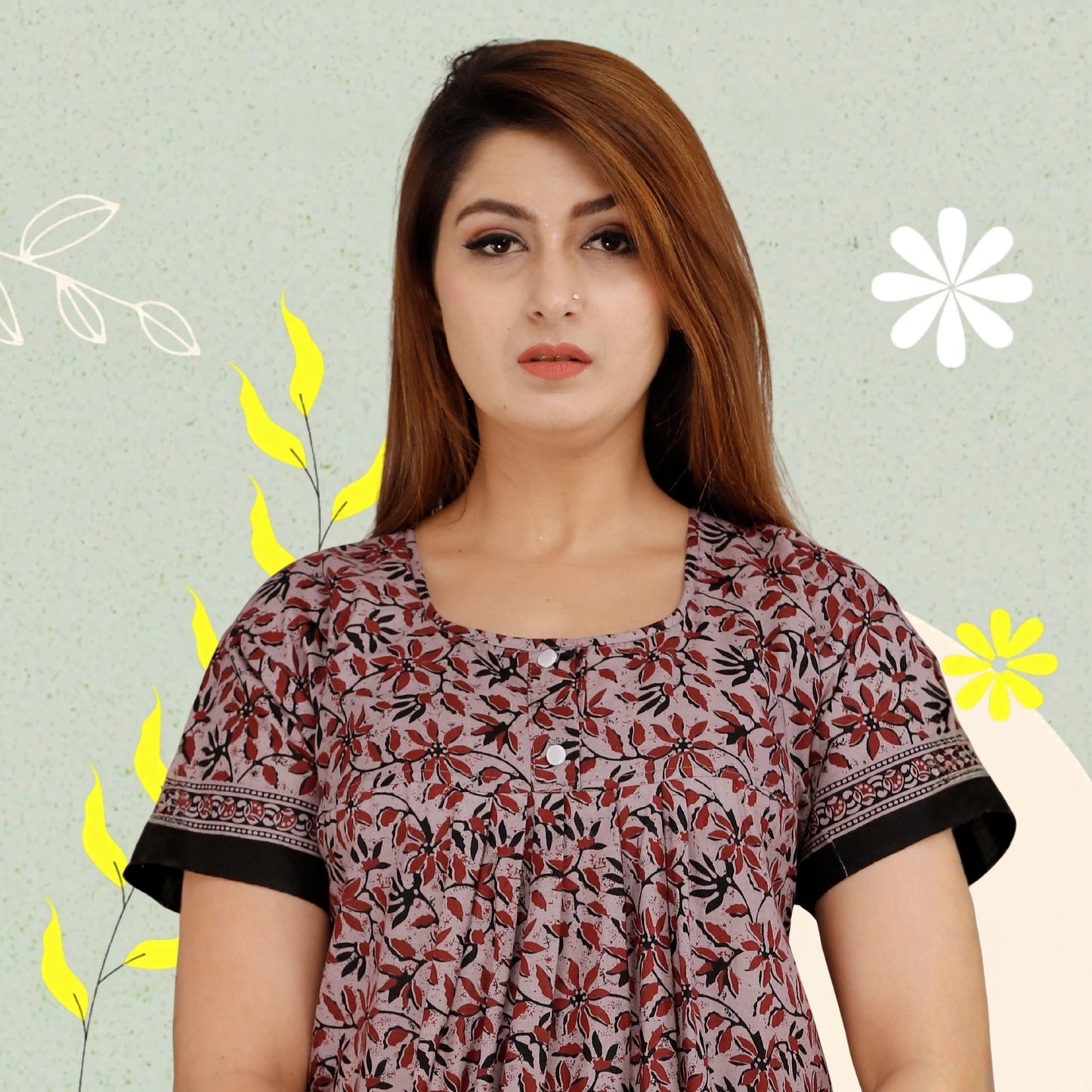 HARGUN NIGHT WEAR Women's Cotton Nightgown, Jaipuri Print Nighty, Short Sleeve, Round Neck, Pink, Free Size (Dusty Pink Leaves, Free Size)