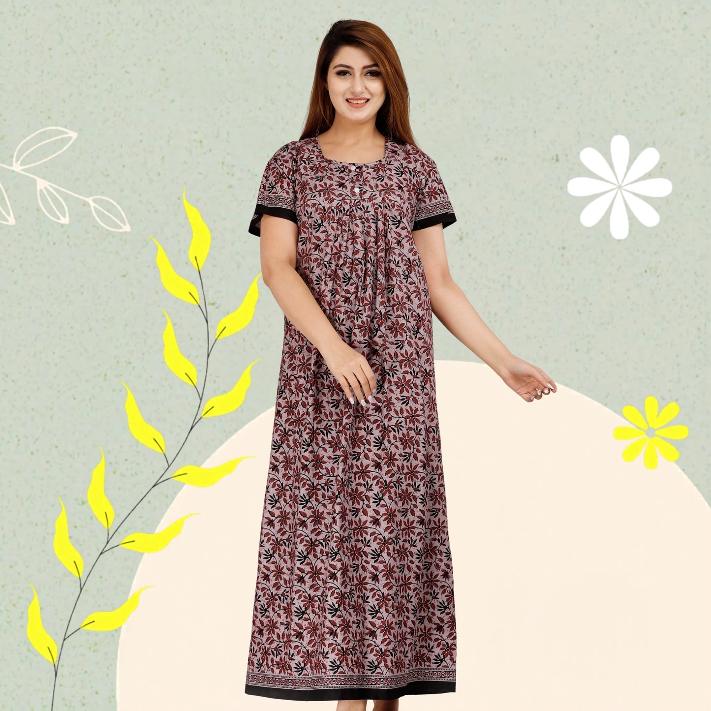 HARGUN NIGHT WEAR Women's Cotton Nightgown, Jaipuri Print Nighty, Short Sleeve, Round Neck, Pink, Free Size (Dusty Pink Leaves, Free Size)
