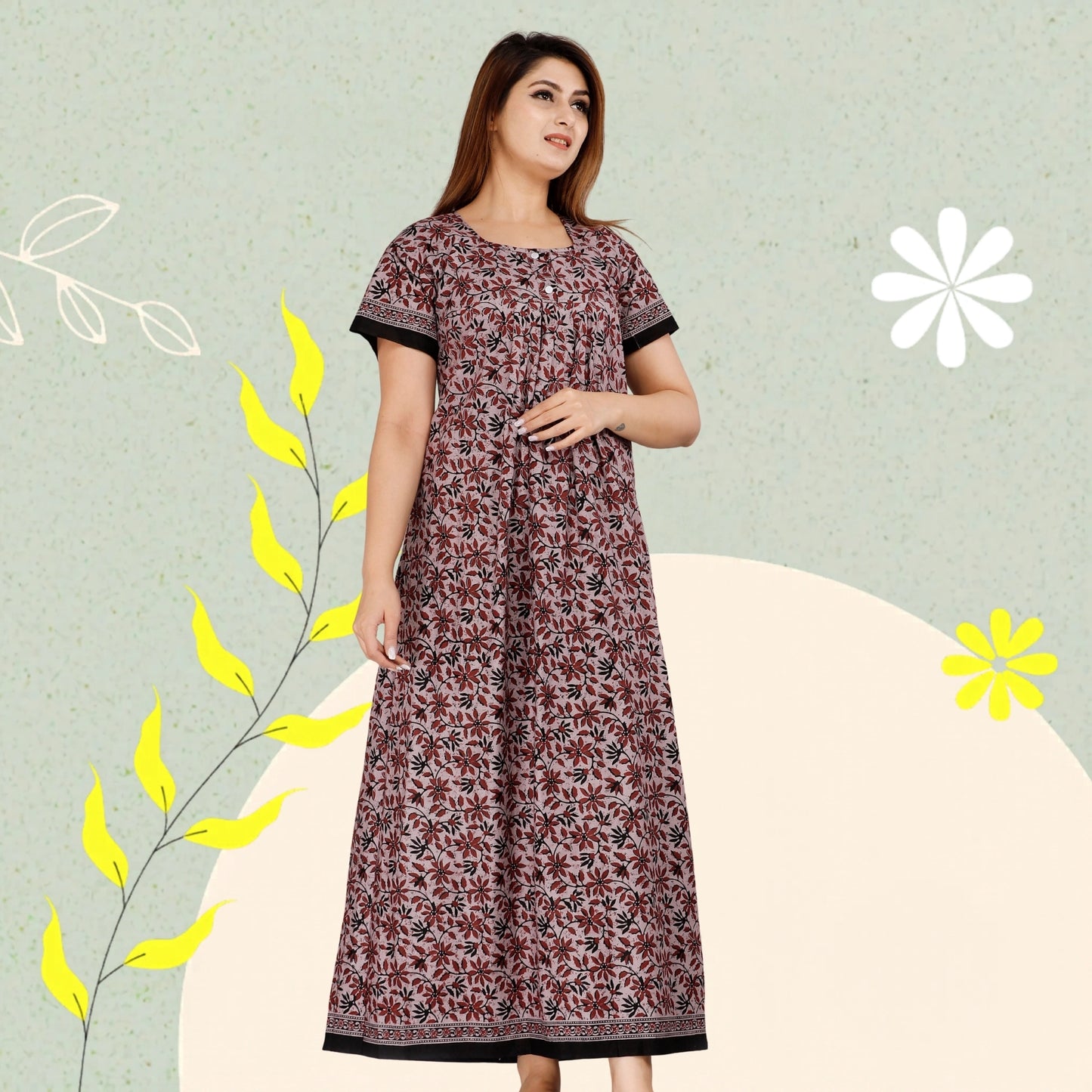 HARGUN NIGHT WEAR Women's Cotton Nightgown, Jaipuri Print Nighty, Short Sleeve, Round Neck, Pink, Free Size (Dusty Pink Leaves, Free Size)