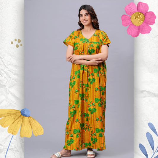 HARGUN NIGHT WEAR Women's Pure Cotton Floral Nighty | Full Length V-Neck Night Gown with Pocket | Soft & Breathable Sleepwear for Ladies Pink