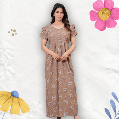 HARGUN NIGHT WEAR Women's Cotton Maxi Nighty, Printed, Ruffle Sleeves, Round Neck, All Day Comfort (Beige, XL)