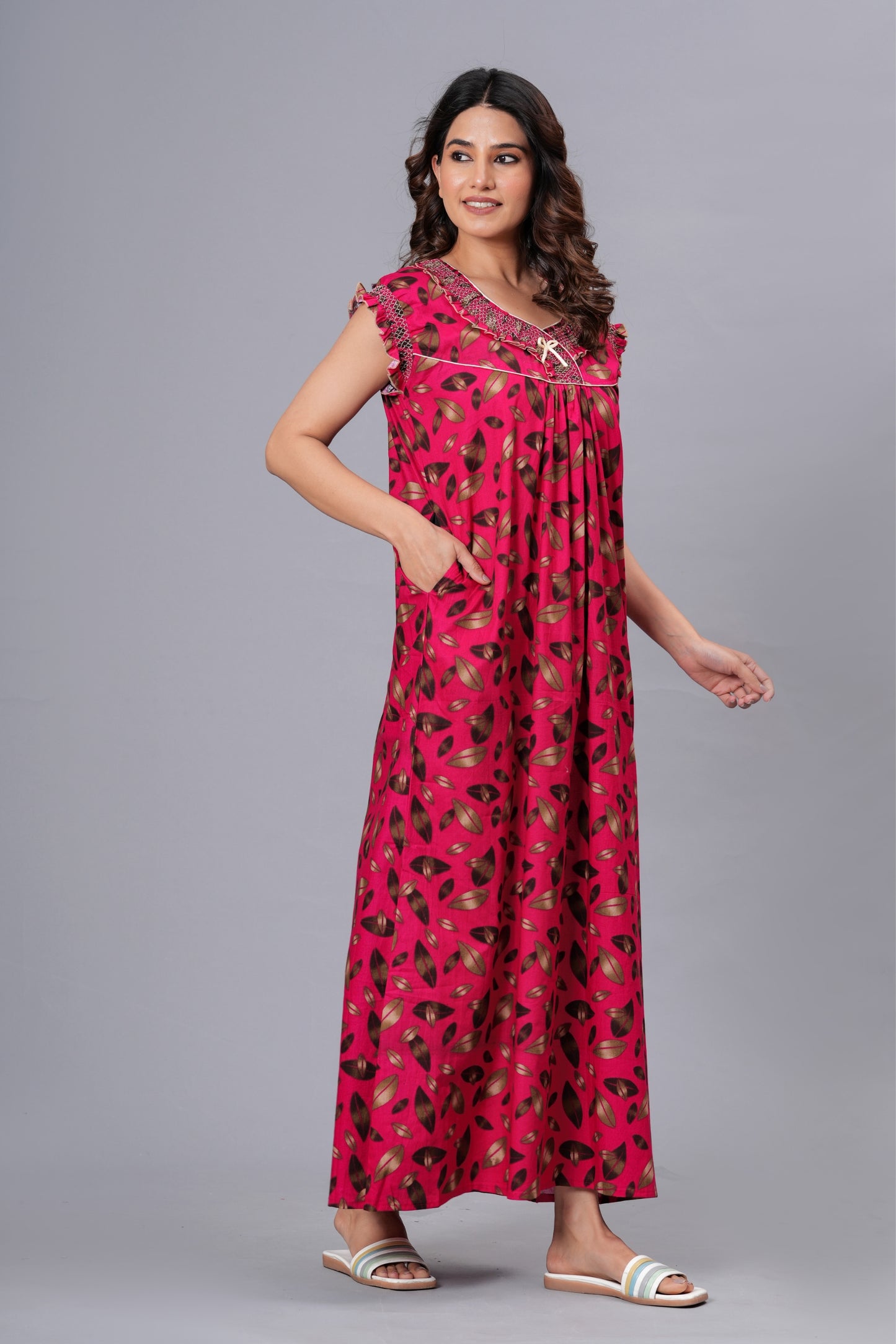 HARGUN Cotton Nightgown, Floral Print, Short Flutter Sleeves, Navy Blue and Gold, Full Length with Pockets (Combo, Free Size)