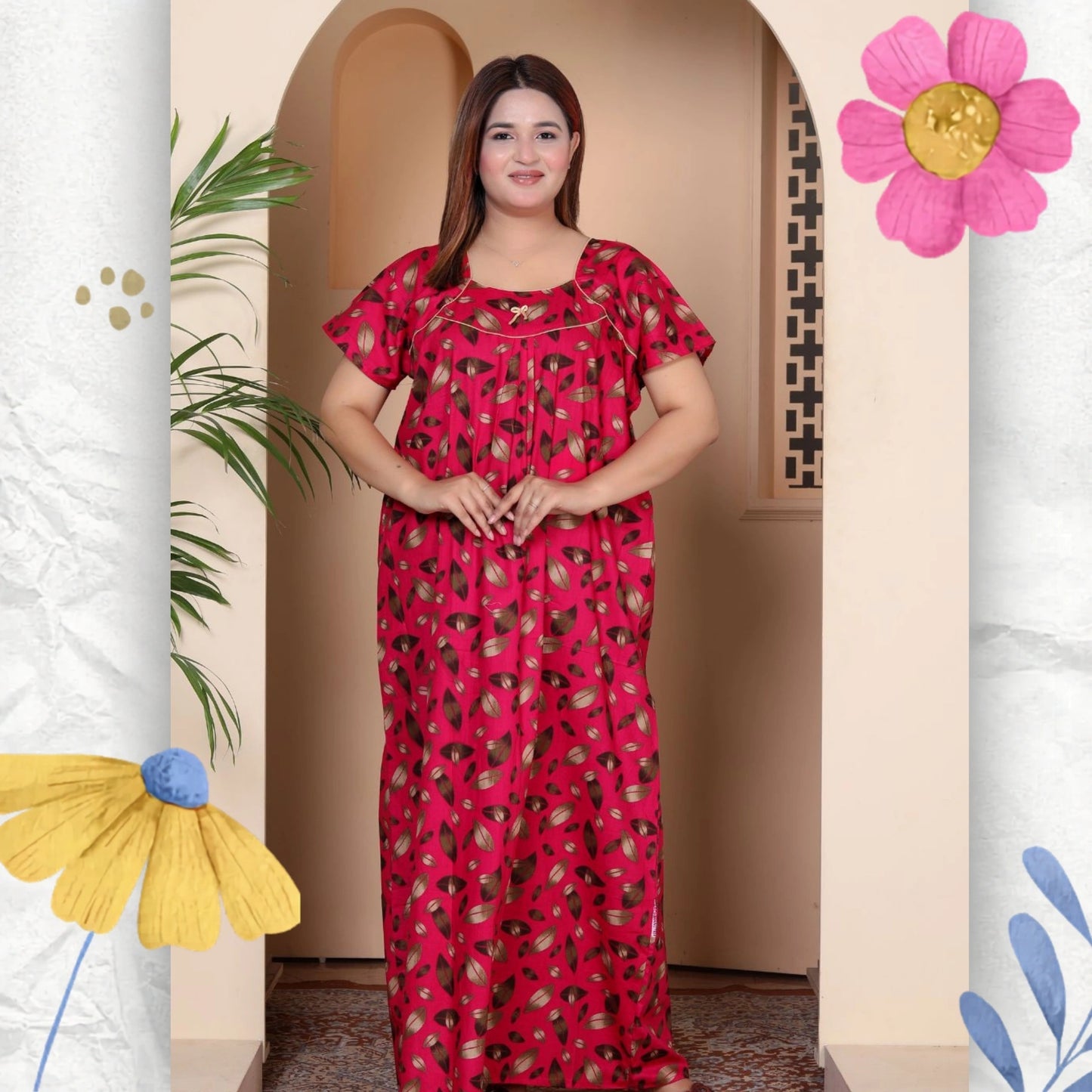 Short Sleeves Nightgown for Women, Cotton, Full Length (XL, Dark Pink)