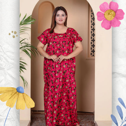 Short Sleeves Nightgown for Women, Cotton, Full Length (XL, Dark Pink)