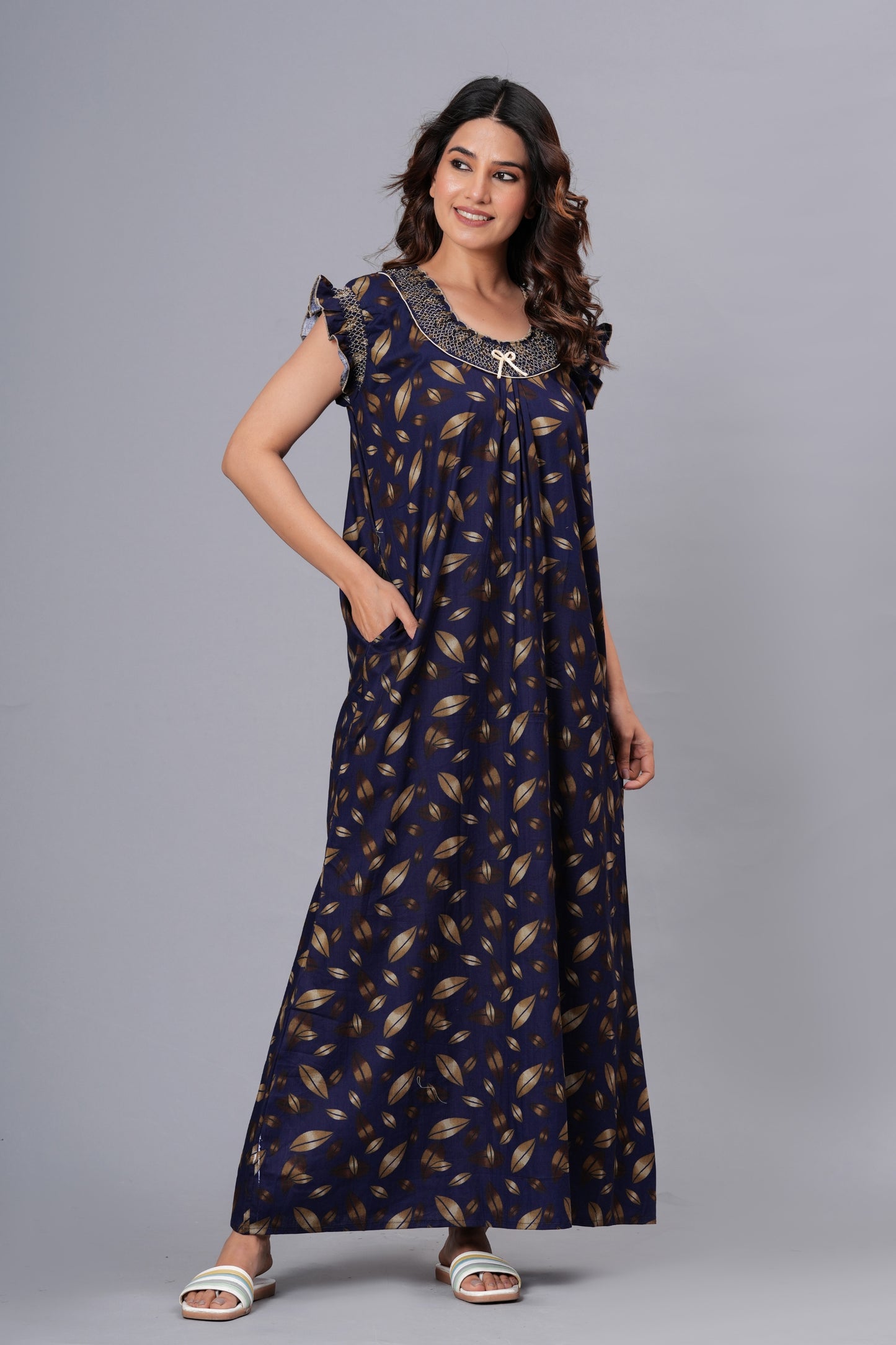 HARGUN Cotton Nightgown, Floral Print, Short Flutter Sleeves, Navy Blue and Gold, Full Length with Pockets (Combo, Free Size)